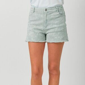 MYSTREE Mint Washed Frayed Hem Denim Shorts | Boutique Style Summer Staple